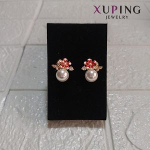 arete con perla y flor roja
