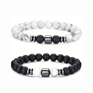 Pulsera con piedra howlita blanca y piedra volcanica con acero