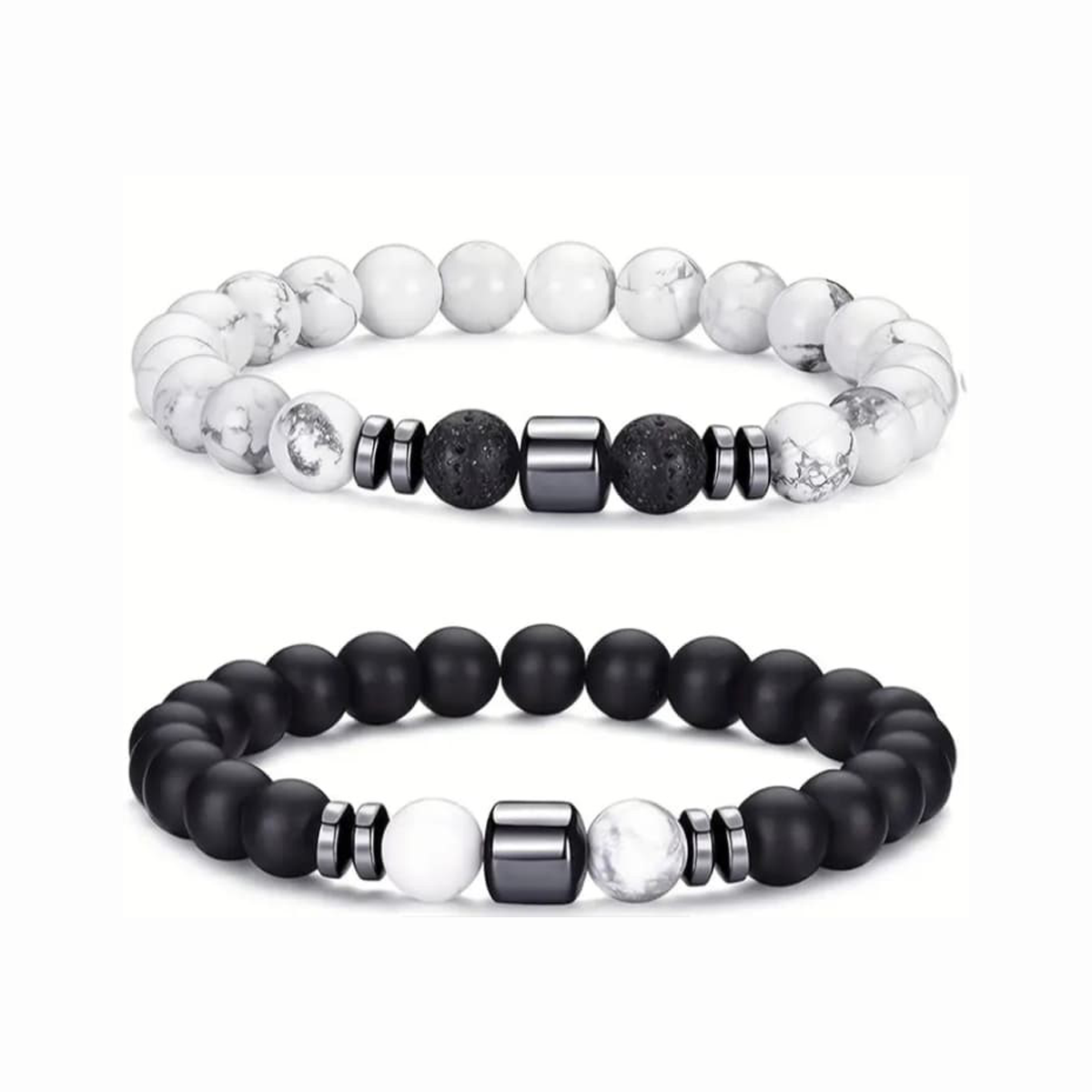 Pulsera con piedra howlita blanca y piedra volcanica con acero