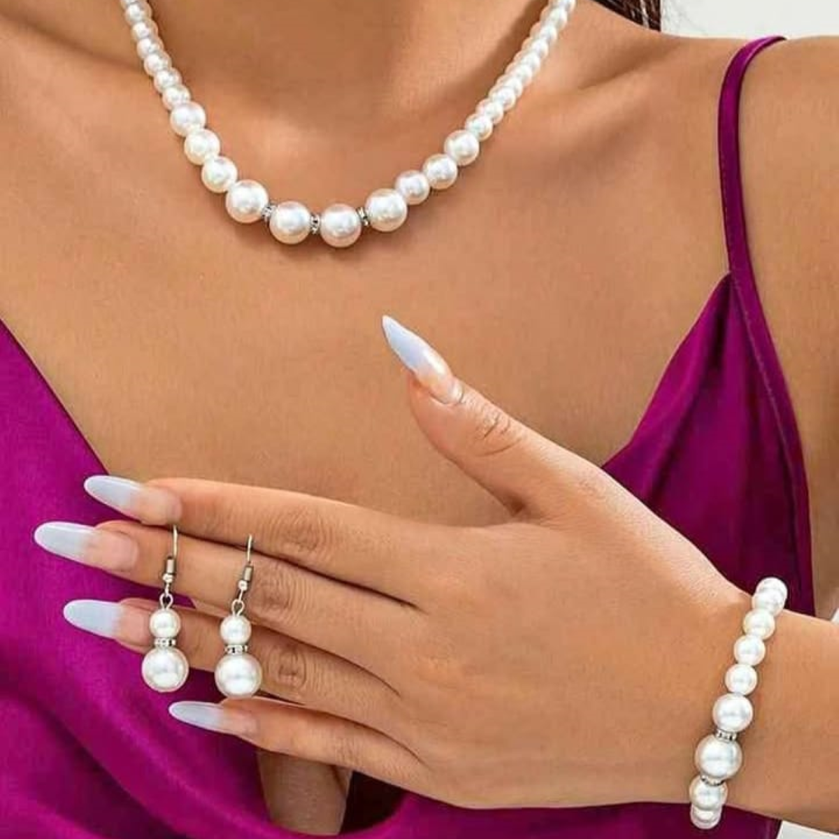 Set de collar pulsera par de aretes con perla elegante