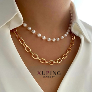 Juego de Collar Xuping Dúo: Cadena de Eslabones Gruesos y Gargantilla de Perlas - Baño de Oro 18k