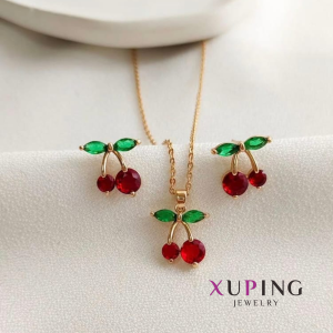 Juego de Collar y Aretes Xuping Cerezas de Cristal Rojo y Esmeralda
